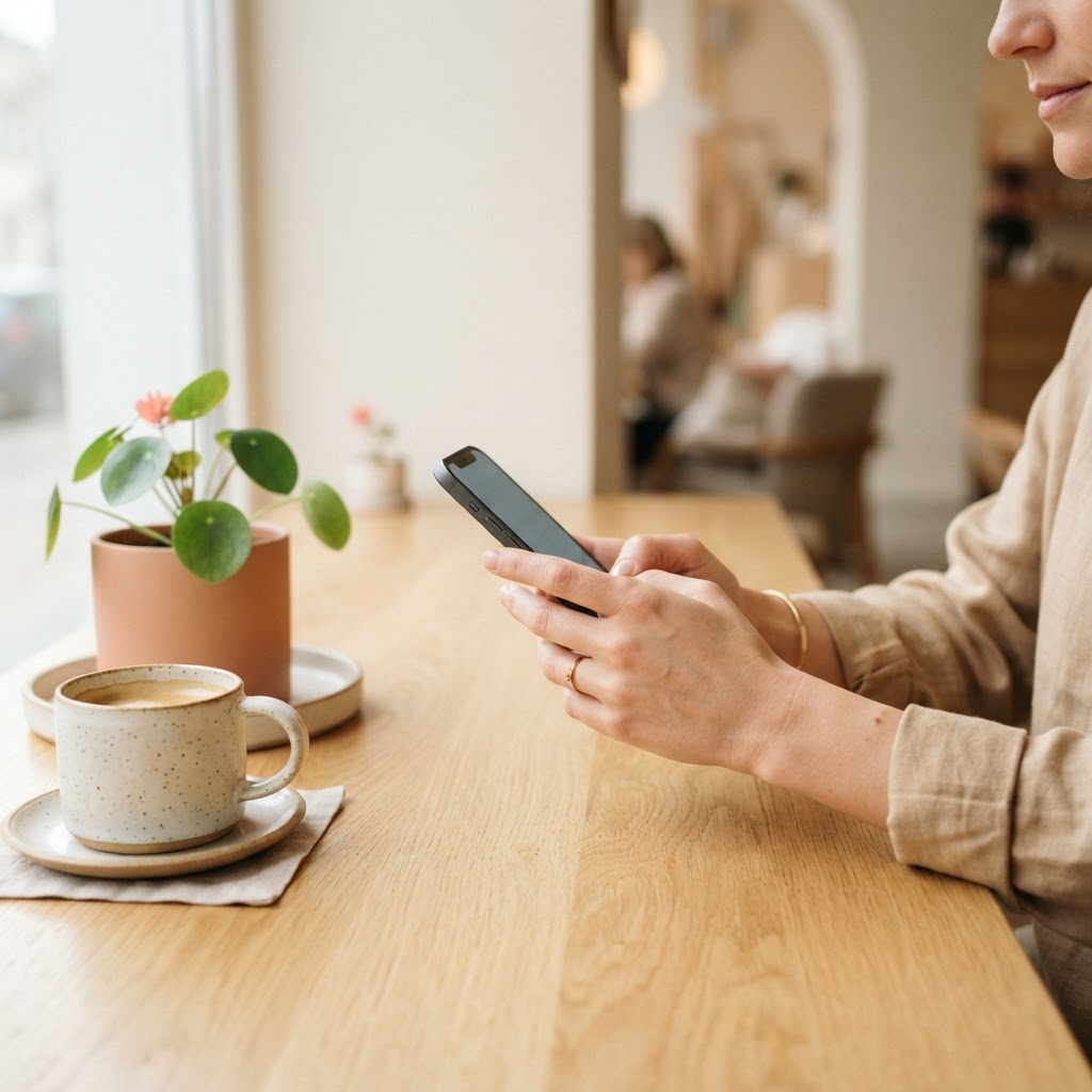 En person tjekker sin telefon ved et træbord med en kop kaffe